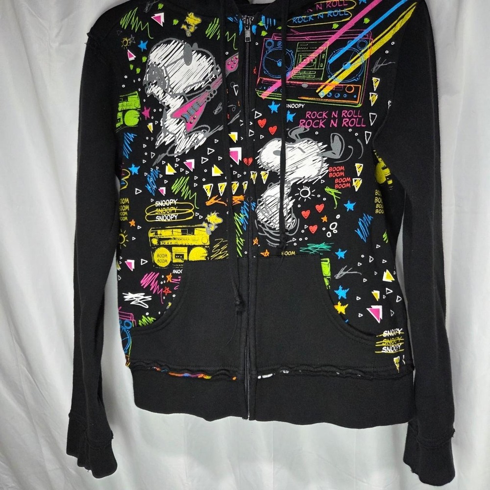 Peanuts Snoopy Rock N Roll Neon 80s Graphic Zip Up Hoodie Black Womens Medium